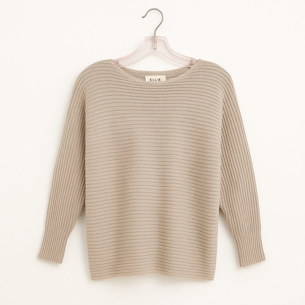 ELIE TAHARI | Tan Ribbed Long Sleeve Crewneck Sweater - Women's Large - Picture 2 of 7